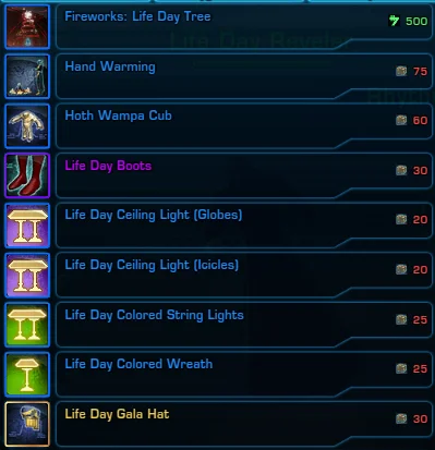 SWTOR Life Day Event Reward Vendor Items