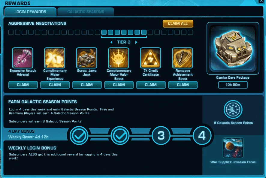 SWTOR Galactic Seasons Login Rewards Points