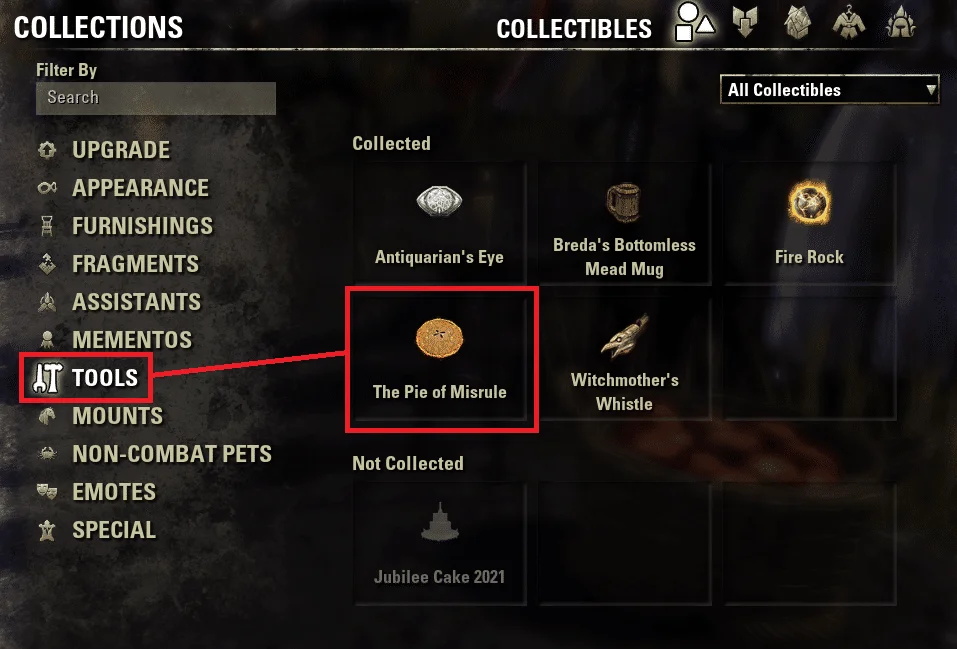 ESO Jester's Festival Pie of Misrule new location in Collections under Tools