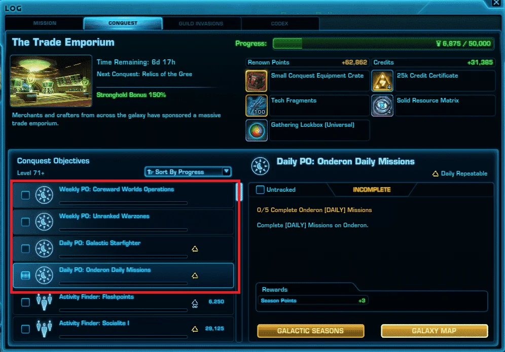 SWTOR Galactic Seasons Priority Objectives Conquest Interface
