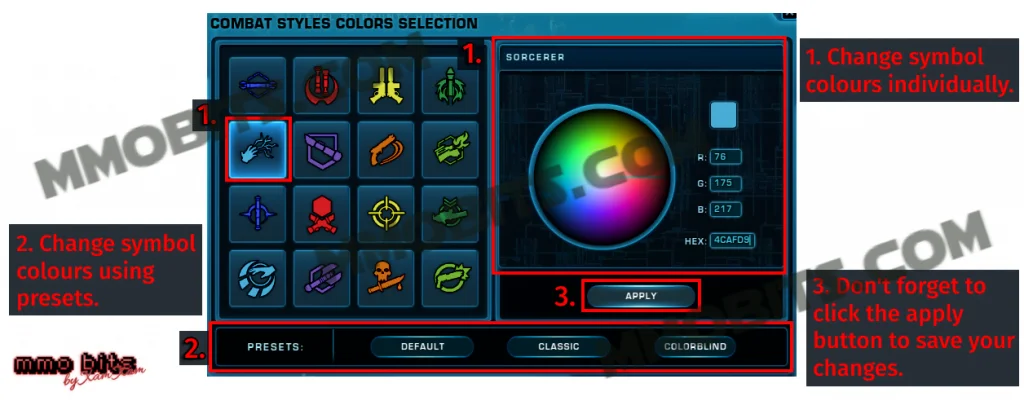 SWTOR Combat Styles Colours Selection Interface