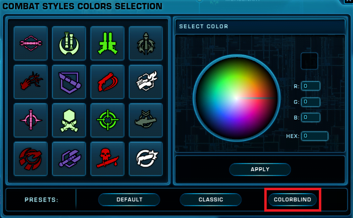 SWTOR Combat Styles Colour Selection Preset - Colourblind