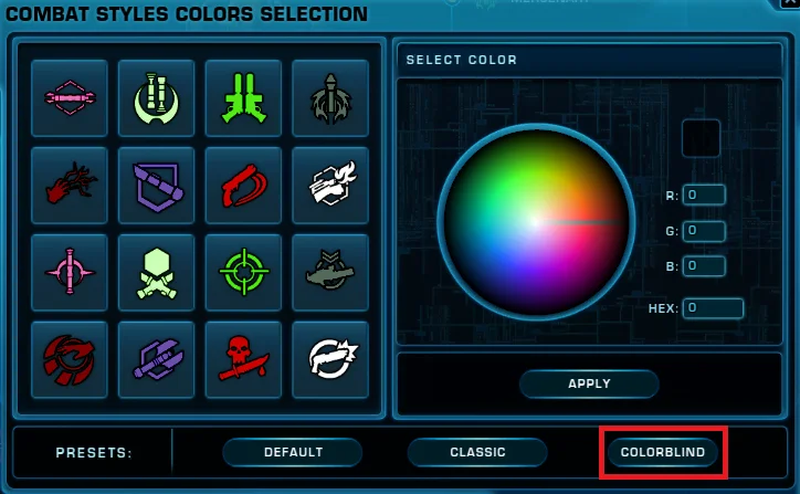 SWTOR Combat Styles Colour Selection Preset - Colourblind