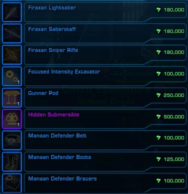 SWTOR Manaan Reputation Vendor Items