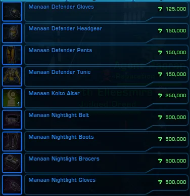 SWTOR Manaan Reputation Vendor Items