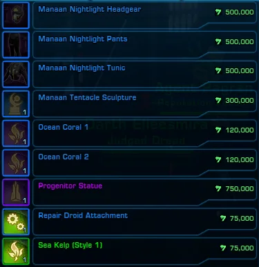 SWTOR Manaan Reputation Vendor Items
