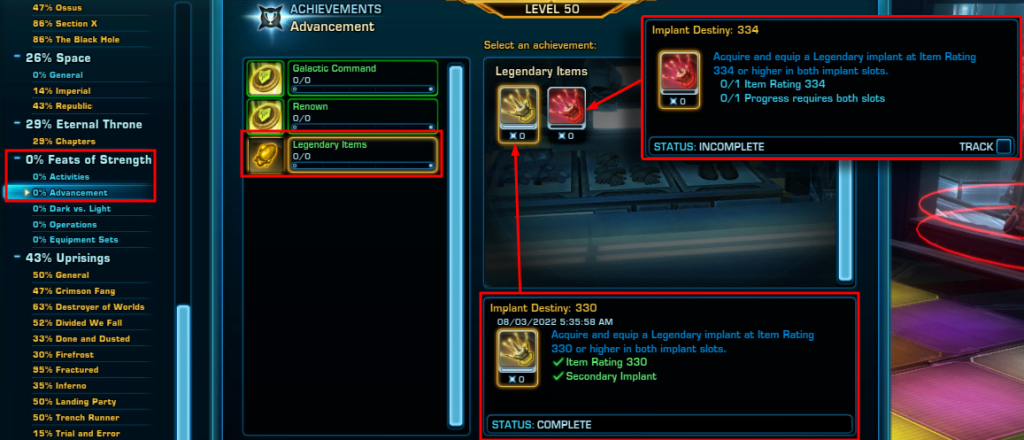 SWTOR Legendary Implant Achievements - Implant Destiny 330 and 334