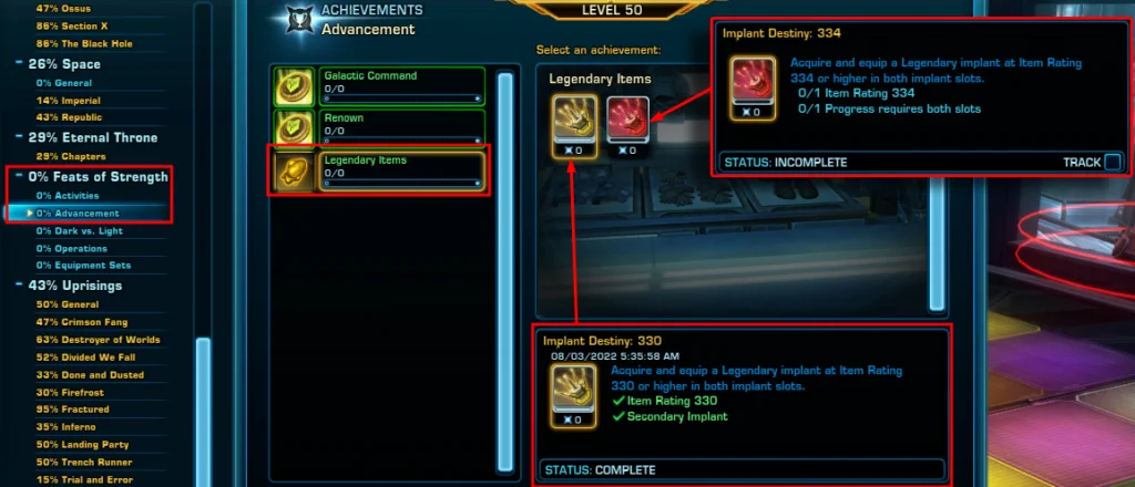 SWTOR Legendary Implant Achievements - Implant Destiny 330 and 334