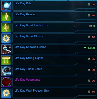 SWTOR Life Day Event Reward Vendor Items
