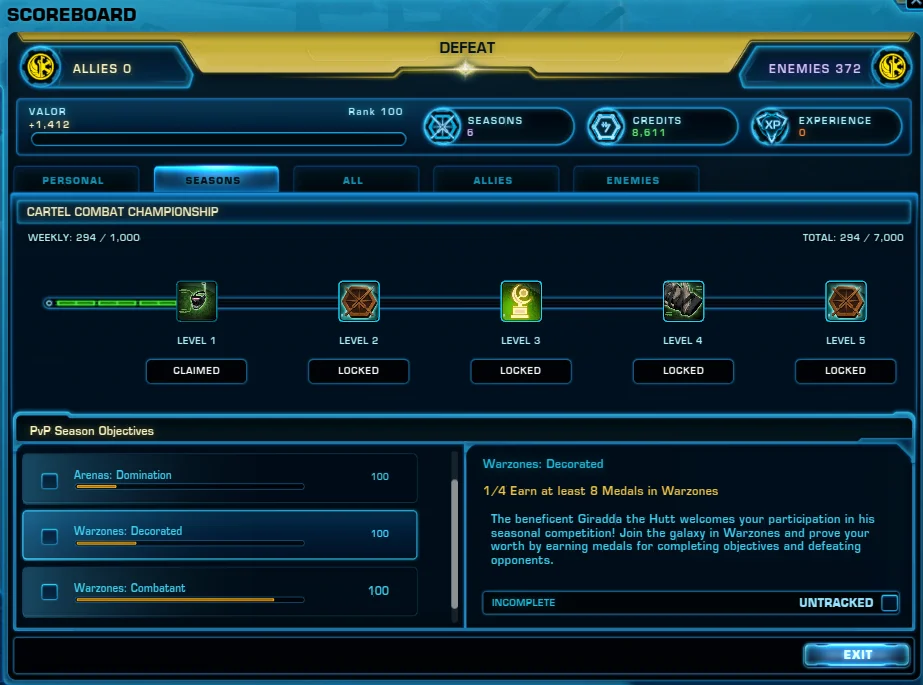 SWTOR Game Update 7.2 PvP Revamp Scoreboard Seasons Tab