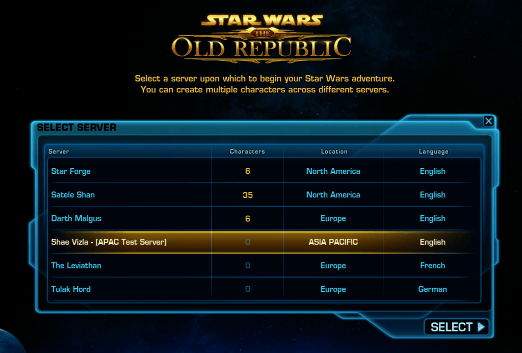 SWTOR Server List APAC Test Server Shae Vizla