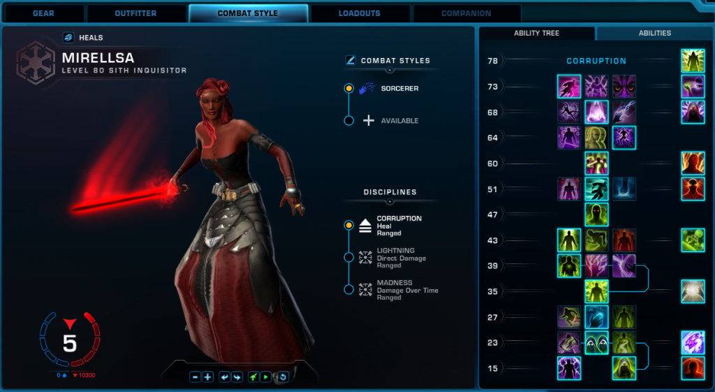 SWTOR Sorcerer Corruption Combat Style UI.