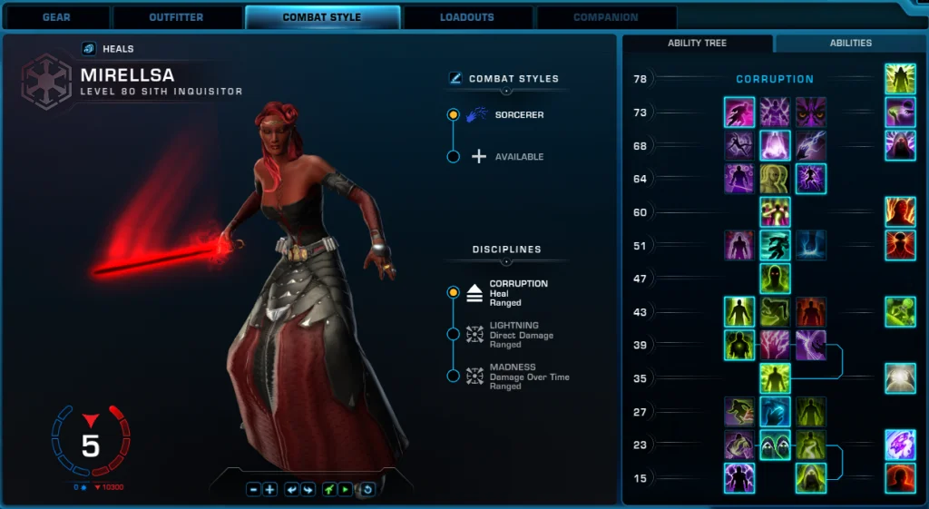 SWTOR Sorcerer Corruption Combat Style UI.