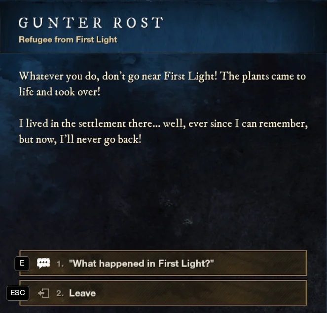 New World First Light Refugee Gunter Rost dialogue, located Cutlass Keys