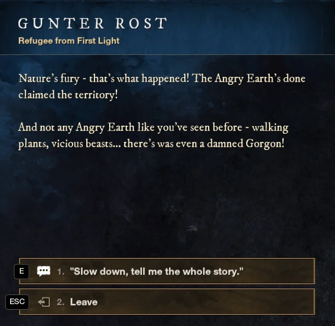 New World First Light Refugee Gunter Rost dialogue, located Cutlass Keys