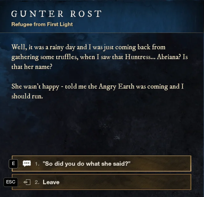 New World First Light Refugee Gunter Rost dialogue, located Cutlass Keys