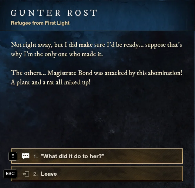 New World First Light Refugee Gunter Rost dialogue, located Cutlass Keys