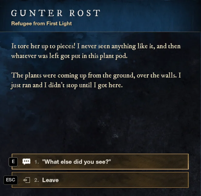 New World First Light Refugee Gunter Rost dialogue, located Cutlass Keys