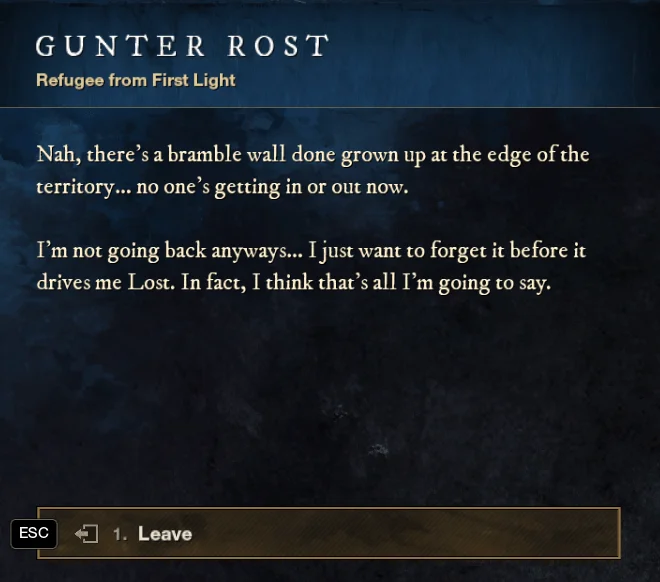 New World First Light Refugee Gunter Rost dialogue, located Cutlass Keys
