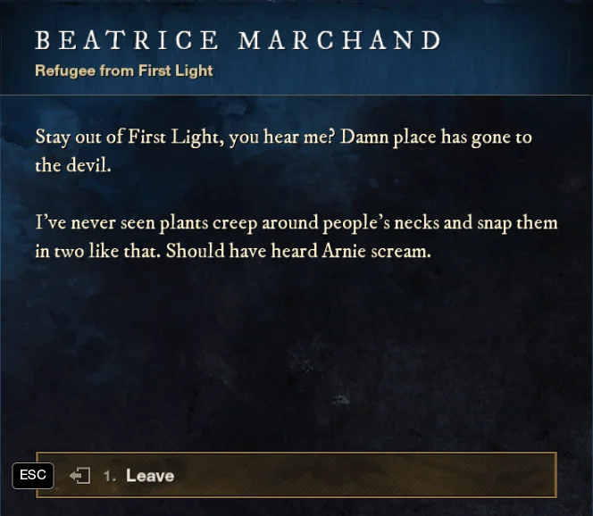 New World First Light Refugee Beatrice Marchand dialogue, located Windsward