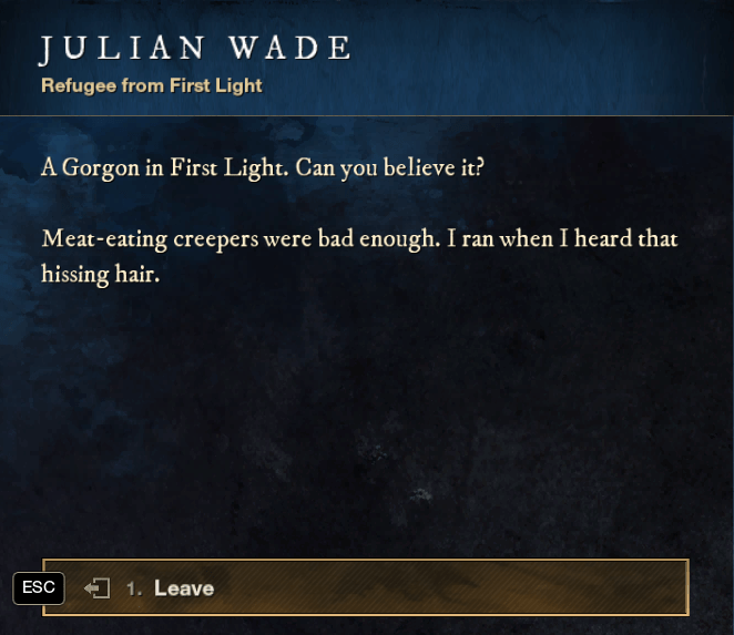 New World First Light Refugee Julian Wade dialogue, located Cutlass Keys
