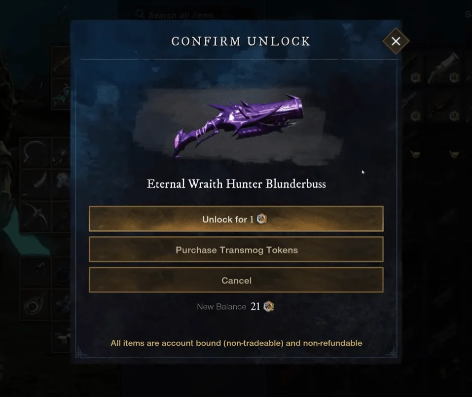 New World Transmog unlocking Skins with Transmog Tokens
