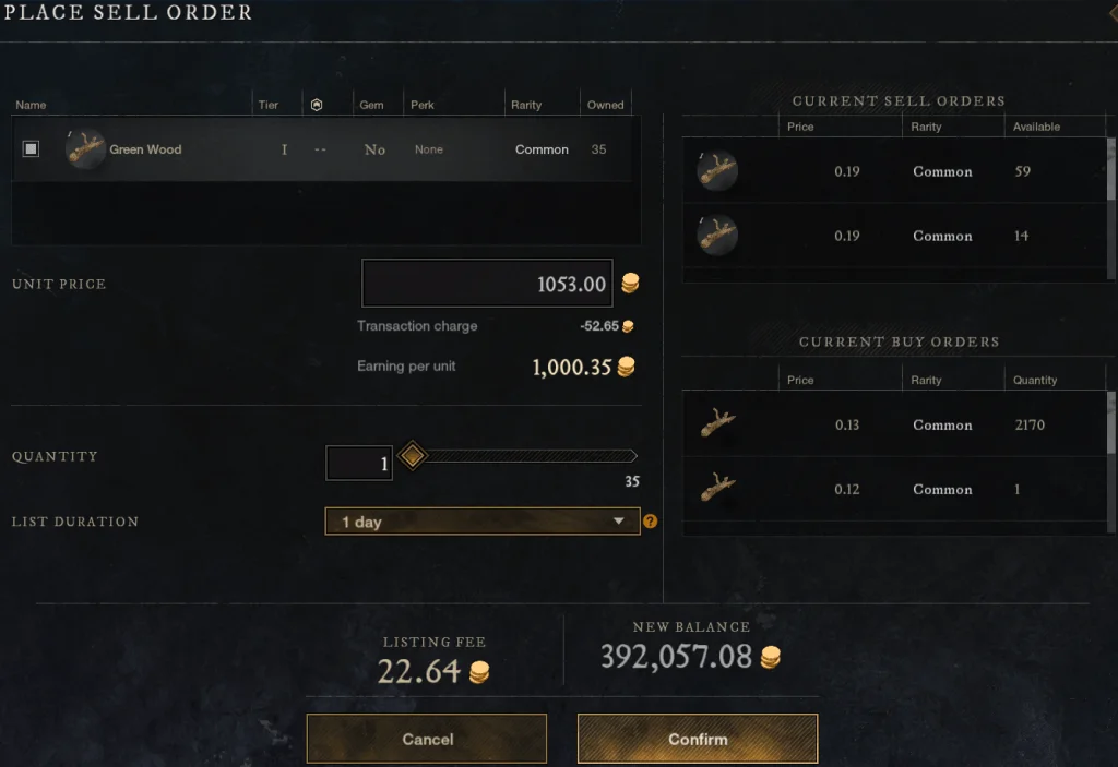 New World Sell Order Gold Transfer
