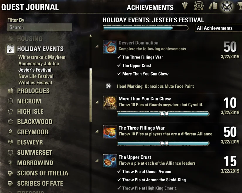 Elder Scrolls Online Jester's Festival Pie Throwing Achievements