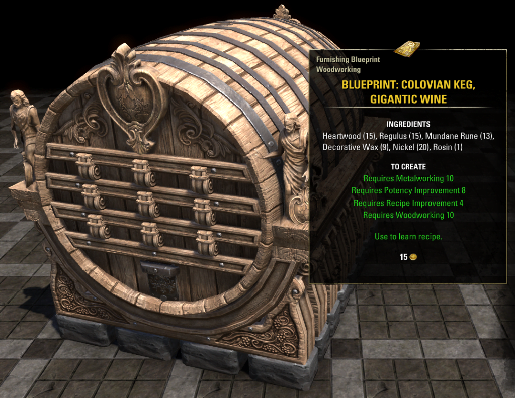 ESO Elder Scrolls Online Update 43 Colovian Keg Gigantic Wine Furnishing Blueprint