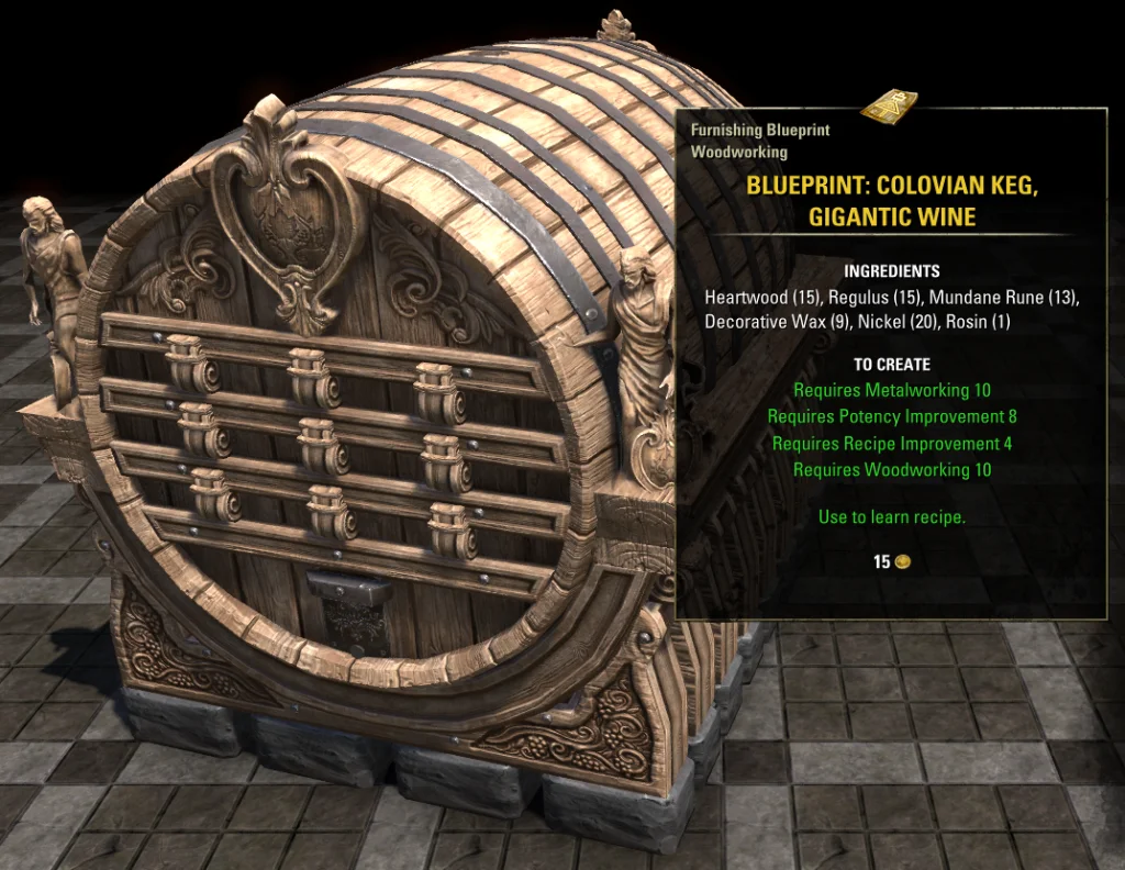 ESO Elder Scrolls Online Update 43 Colovian Keg Gigantic Wine Furnishing Blueprint