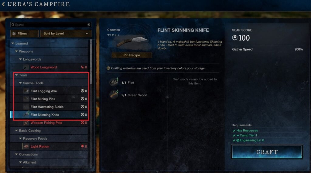 New World Aeternum Gathering/Survival Tools Crafting