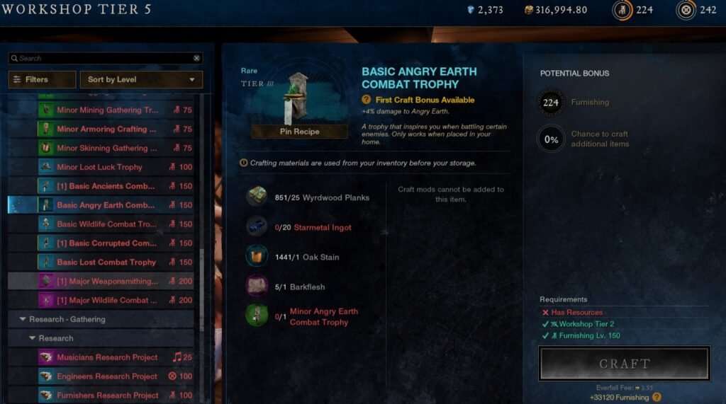 New World Aeternum Workshop Trophy Crafting UI